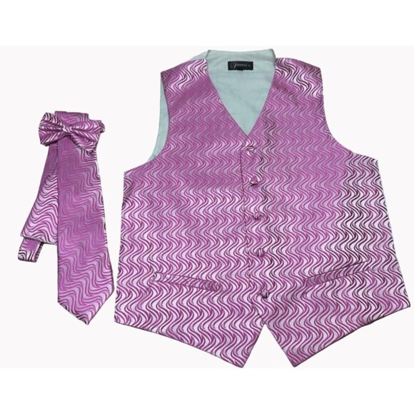 Ferrecci Mens L Pink Gray Swirl Vest Set Bow Tie Long Tie Formal Wedding New - Picture 1 of 7